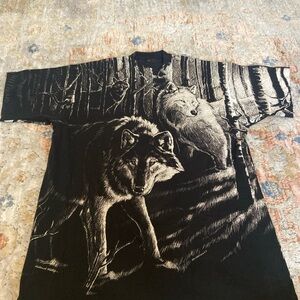 Vintage 90s Wolves All Over Print AOP T-Shirt M 1992 Harlequin Outdoor Black